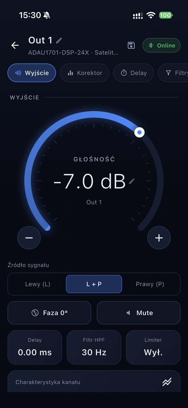Ekran wyjścia z pokrętłem głośności i wyborem źródła sygnału